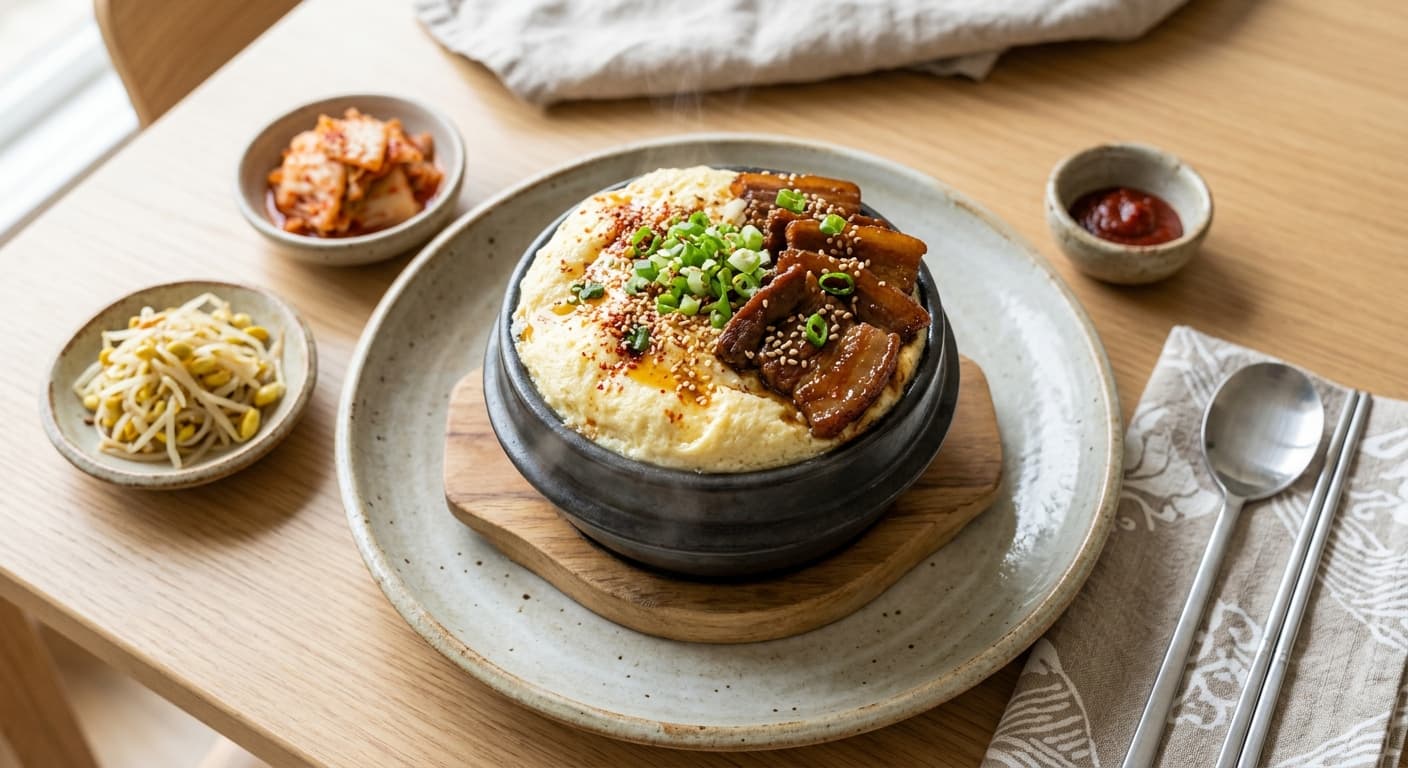 Korean-Style Steamed Egg Soufflé (Gyeran-jjim) with Braised Pork Belly