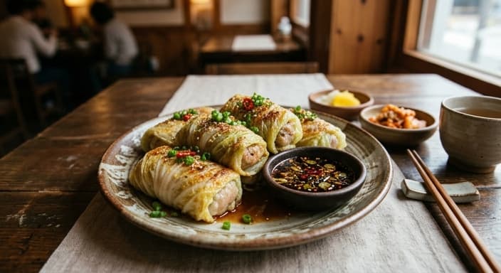 Korean-Style Stuffed Cabbage Rolls (Baechu Jeon) with Soy-Vinegar Sauce
