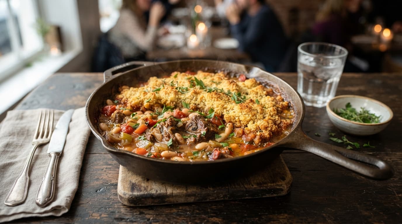 Lamb and White Bean Skillet with Cornbread Crumble