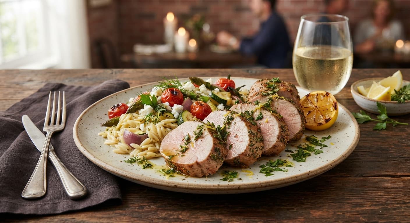Lemon Herb Roasted Pork Tenderloin with Orzo and Vegetables