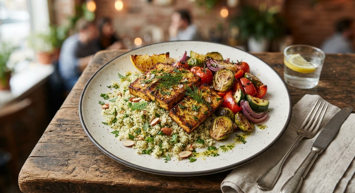 Lemon-Herb Tofu with Couscous and Roasted Vegetables