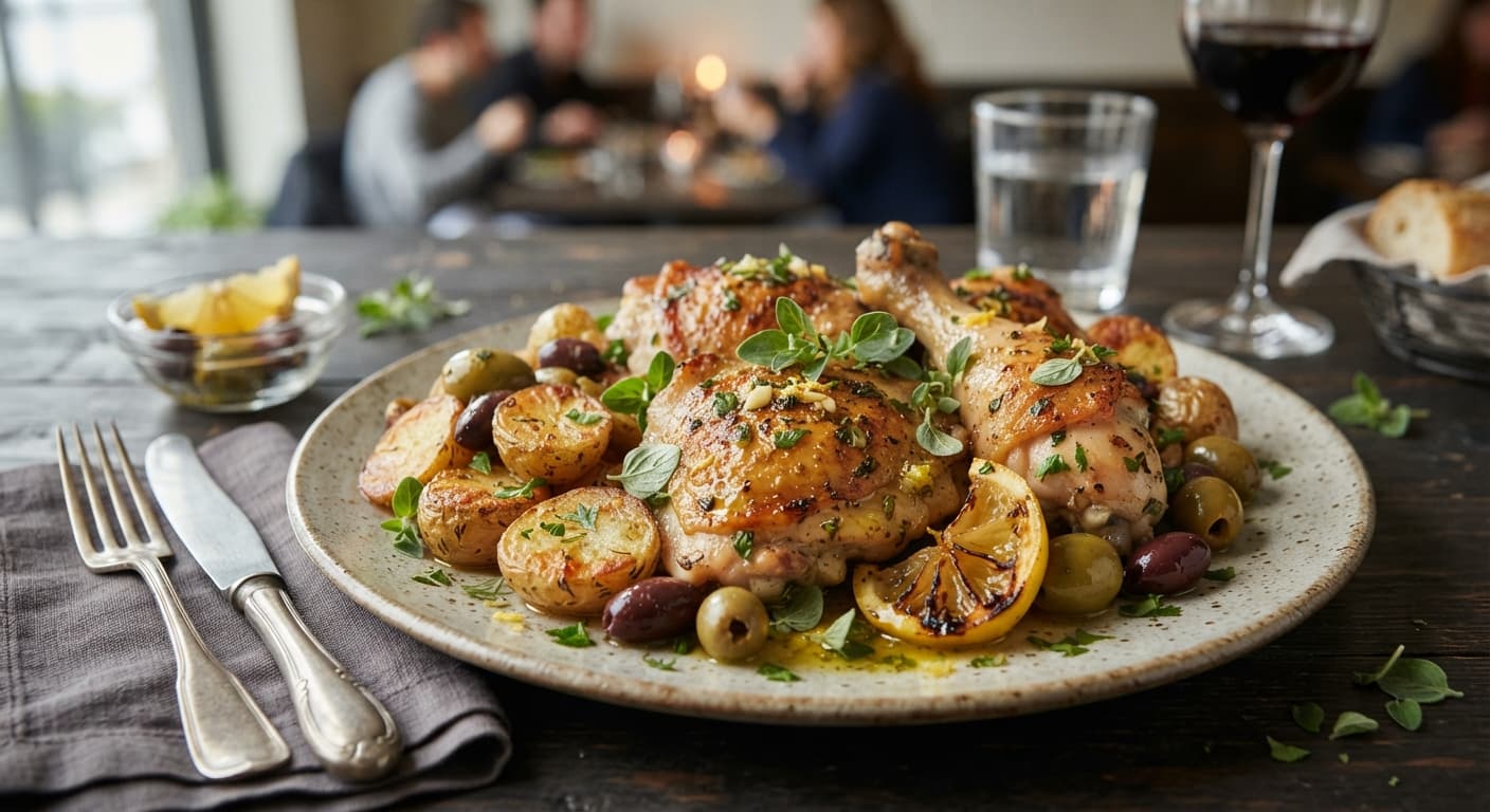 Lemon Oregano Chicken with Olives and Roasted Potatoes