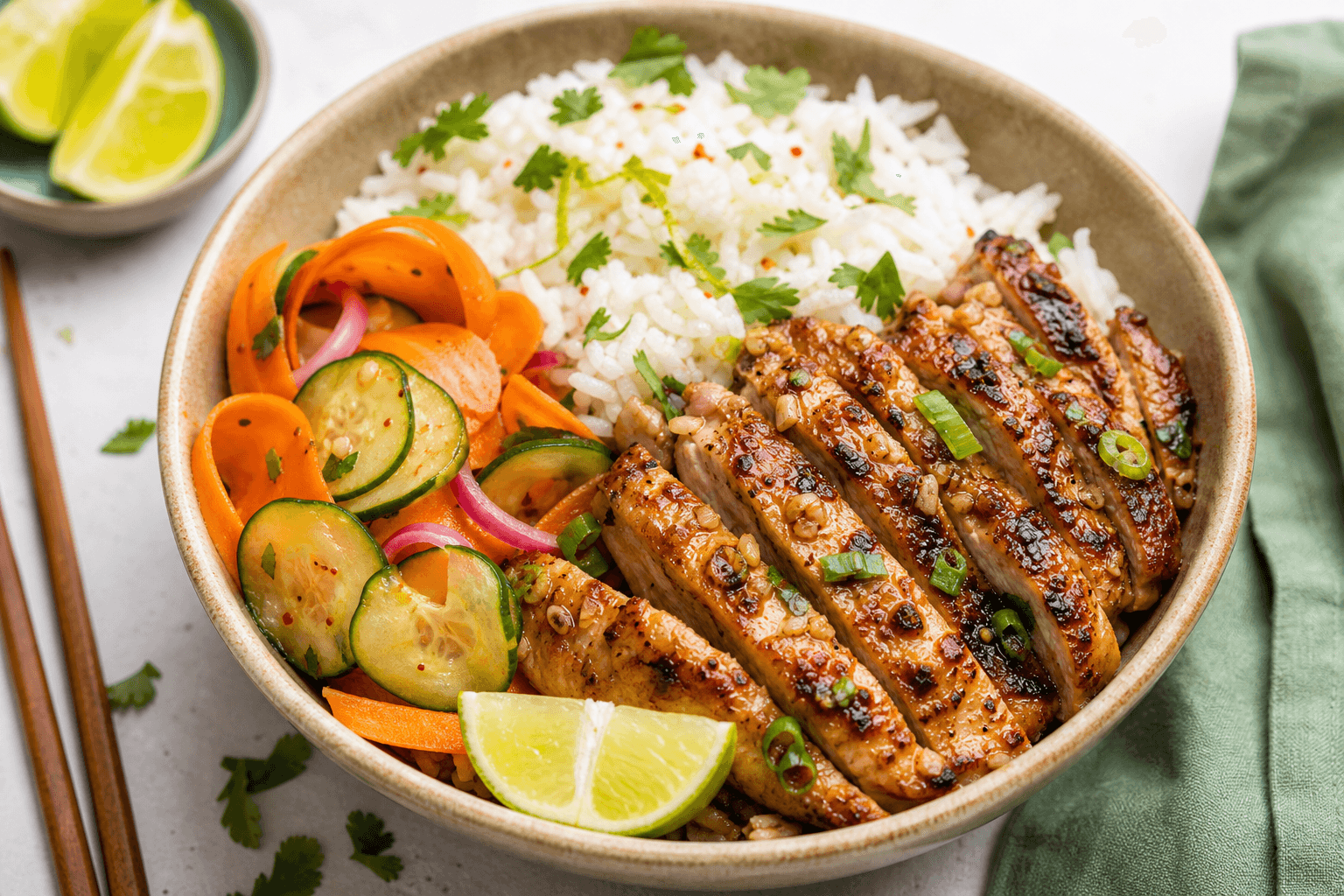 Lemongrass Chicken Bowl with Coconut-Lime Rice and Quick Pickles