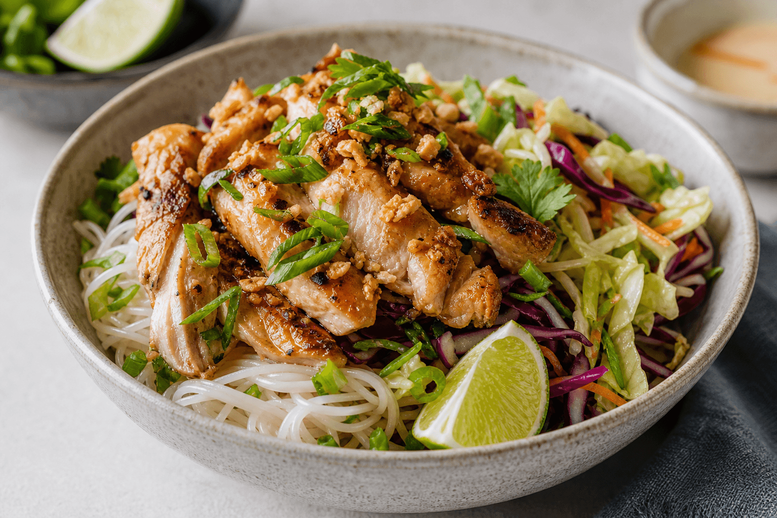 Lemongrass Chicken Bowl with Coconut Noodles and Crunchy Cabbage