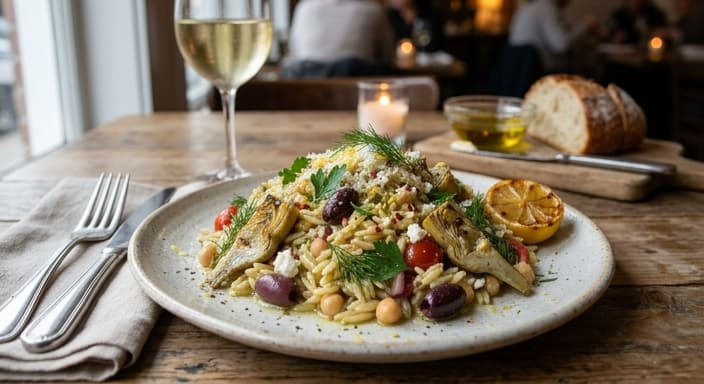 Lemony Orzo with Artichokes and Olives
