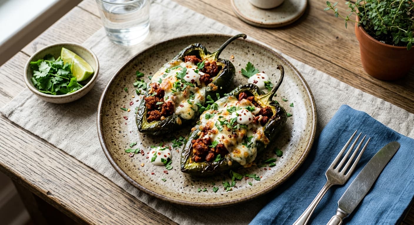 Low-Carb Chiles Rellenos with Chorizo and Goat Cheese