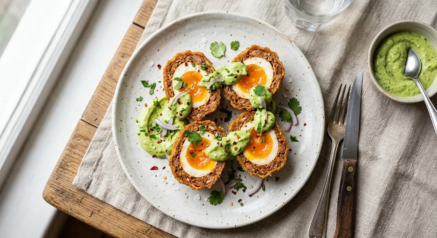 Low-Carb Scotch Eggs with Chorizo and Avocado Crema
