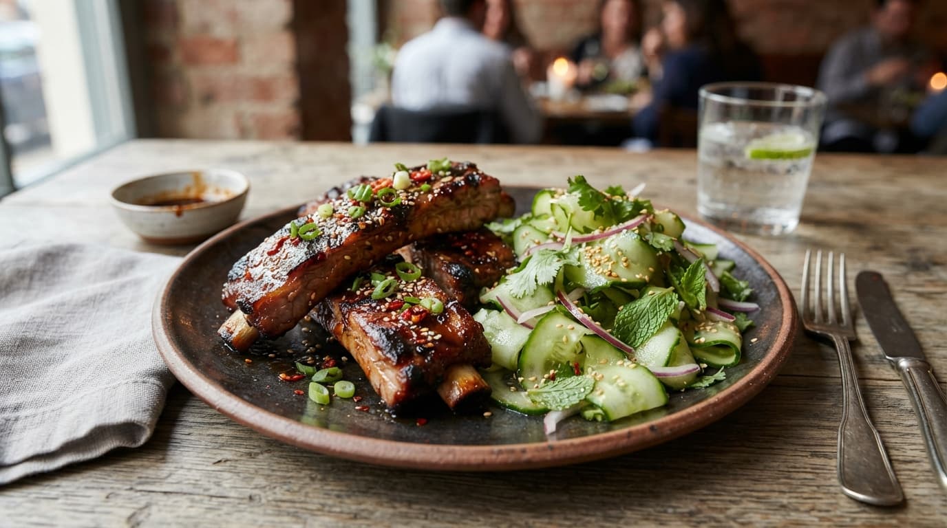 Low‑Carb Teriyaki Ribs with Pickled Cucumber Ribbon Salad