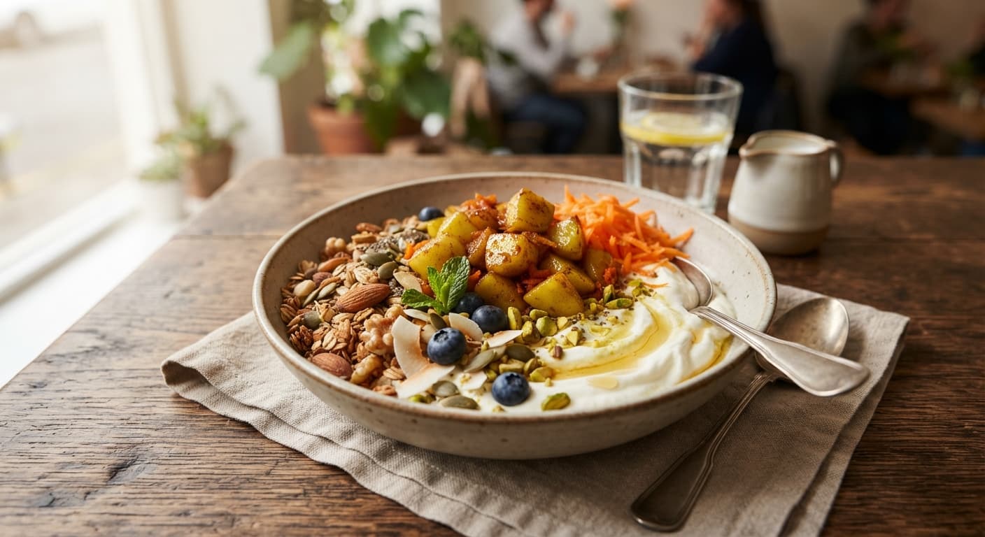 Müsli Yogurt Bowl with Carrot and Curry-Spiced Apple