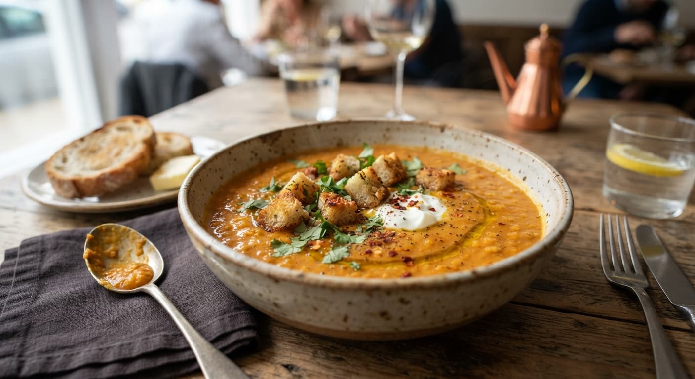Masoor Dal Soup with Garlic Croutons
