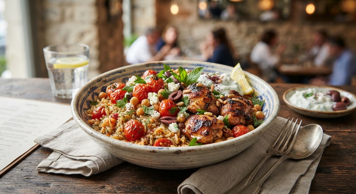 Mediterranean Chicken and Tomato Rice Bowl