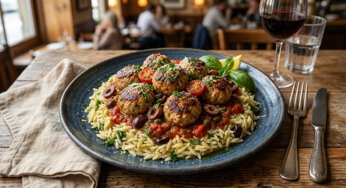 Mediterranean Chicken Meatballs in Tomato-Olive Sauce with Orzo-Style Pasta