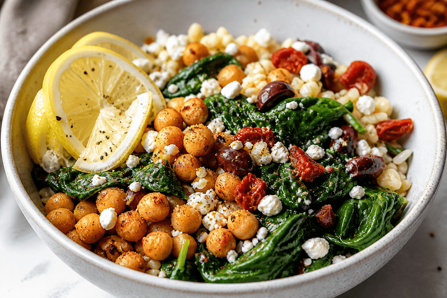 Mediterranean Chickpea Spinach Lemon Bowl