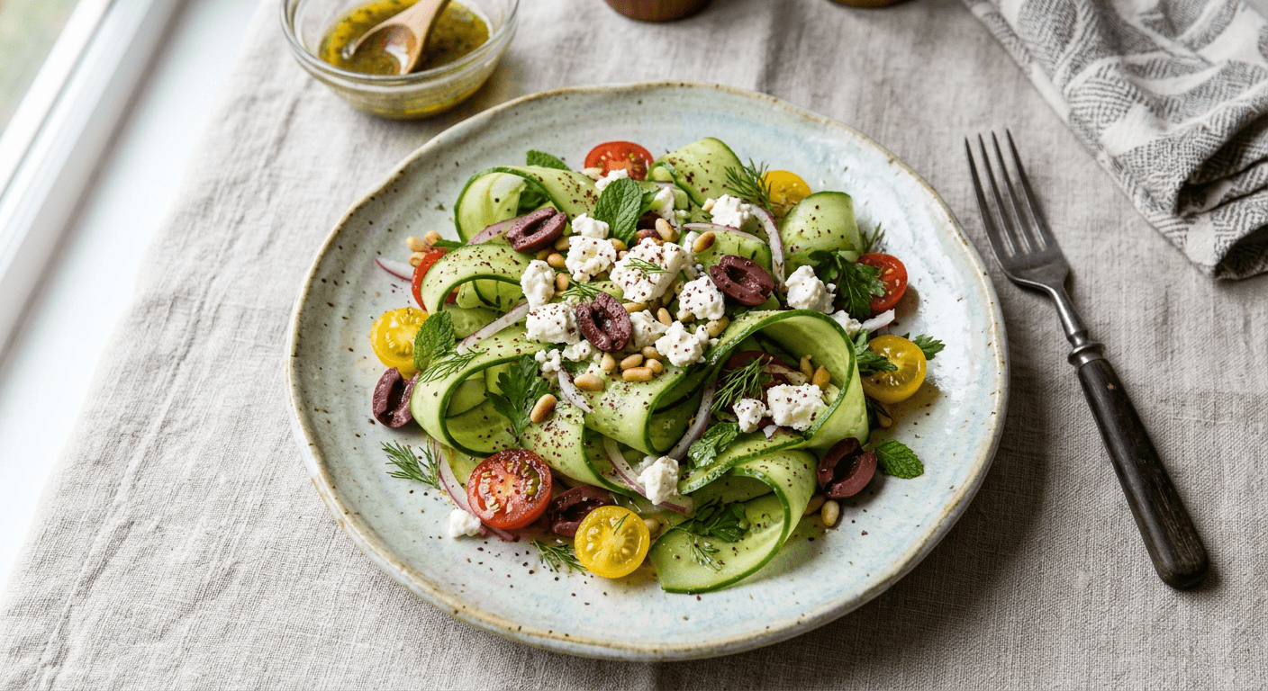 Mediterranean Cucumber Ribbon Salad With Feta And Olive Lemon Vinaigrette