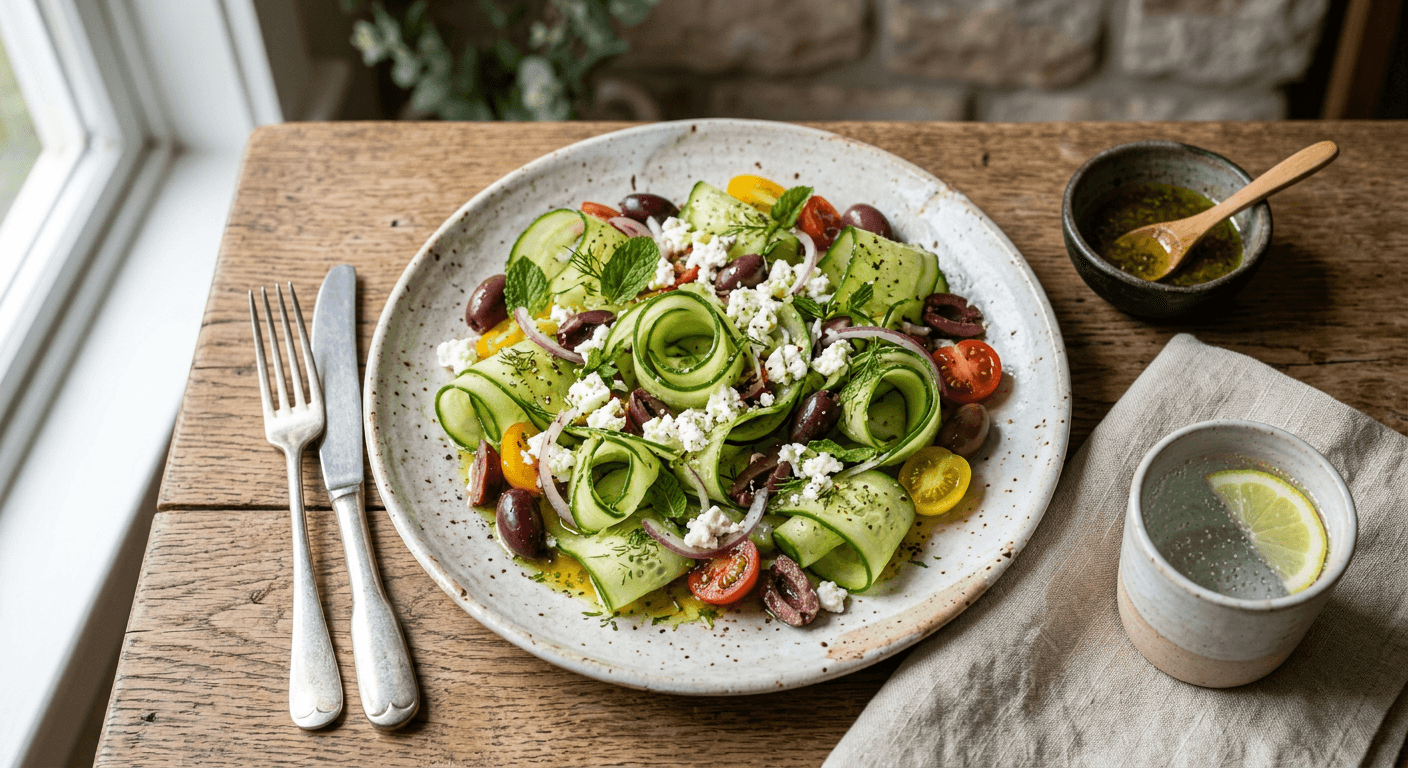 Mediterranean Cucumber Ribbon Salad With Feta And Olive Lemon Vinaigrette