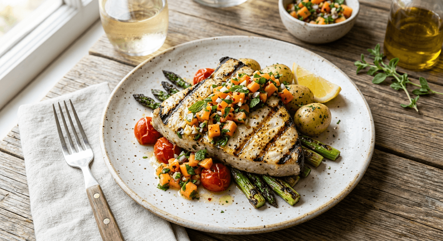 Mediterranean Grilled Swordfish With Papaya Mint Gremolata