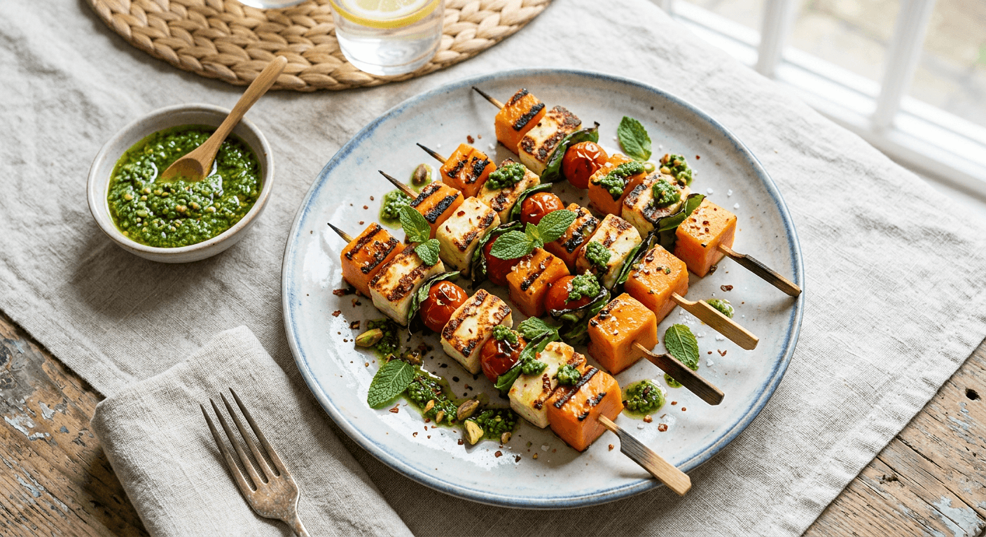 Mediterranean Papaya And Halloumi Skewers With Mint Pesto