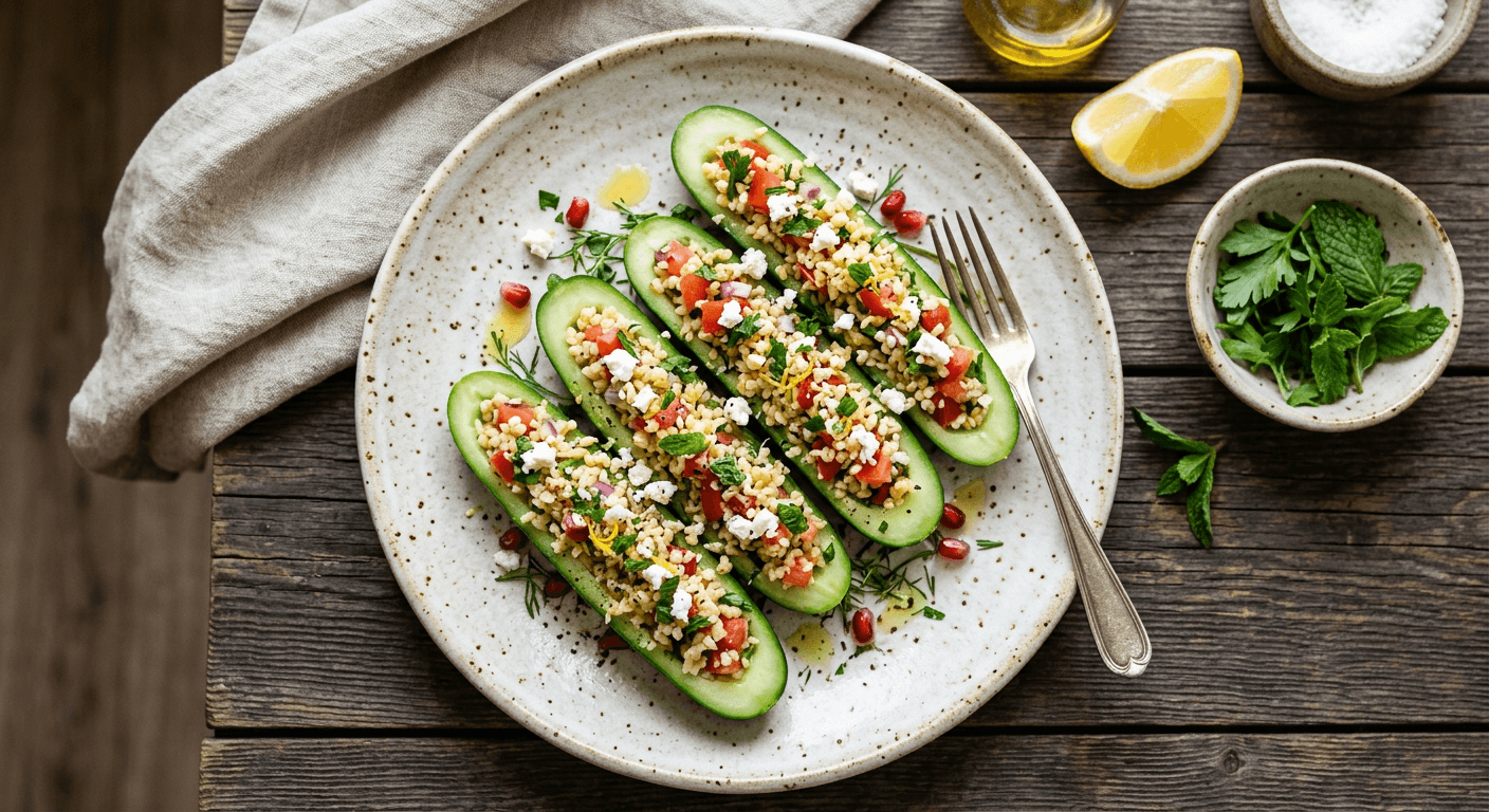 Mediterranean Stuffed Cucumber Canoes With Herbed Bulgur And Tomato 1771822928688 Eb74