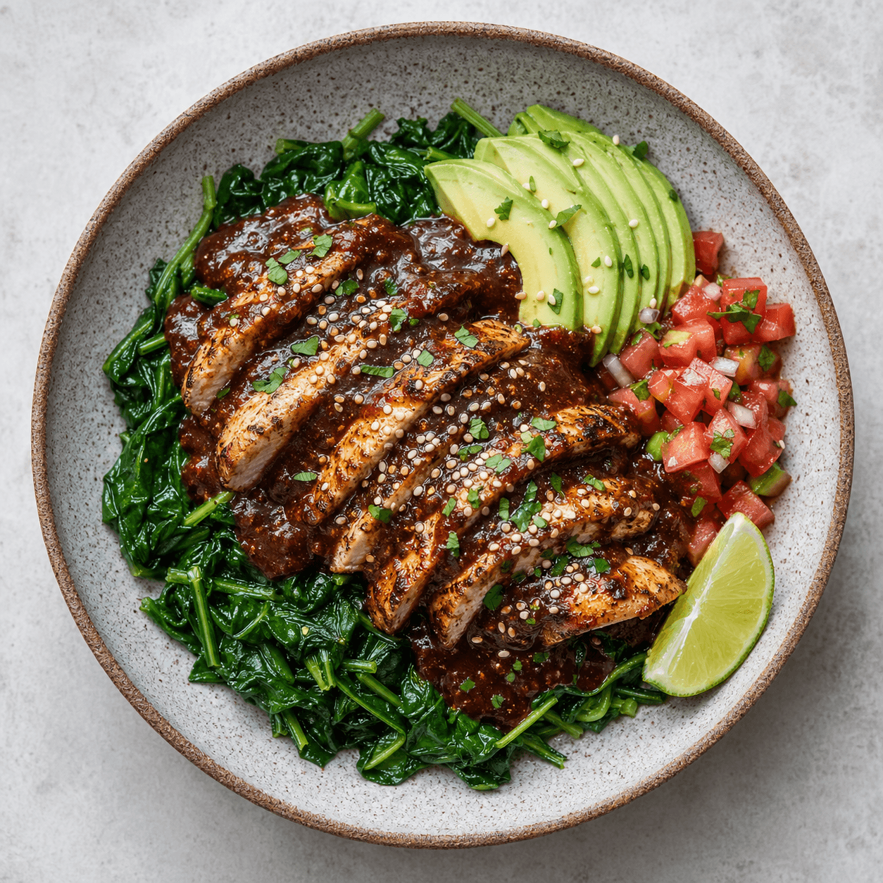Mexican Chicken Mole-Style Bowl with Spinach (Low-Carb)
