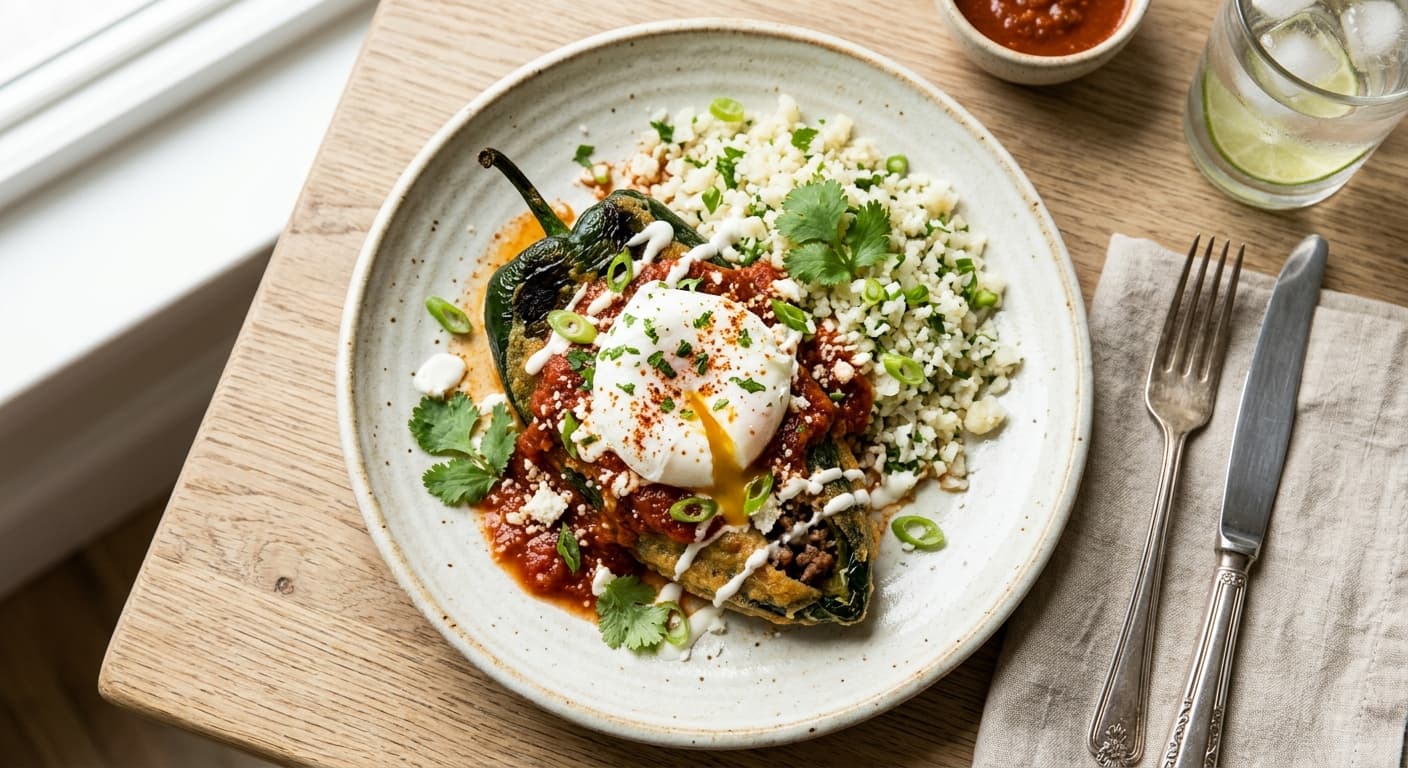 Mexican Chile Relleno with Cauliflower Rice and Poached Egg
