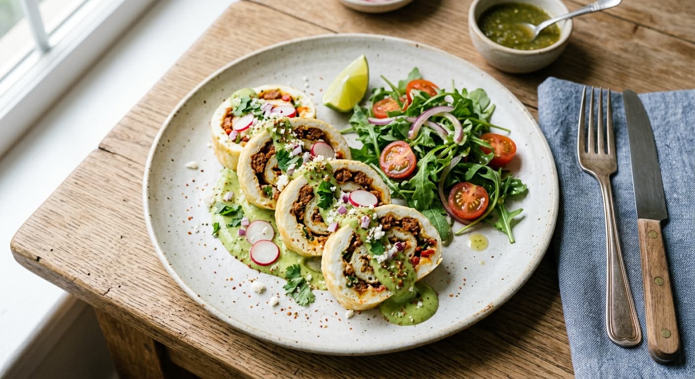 Mexican Chorizo and Egg-White Roulade with Avocado Crema