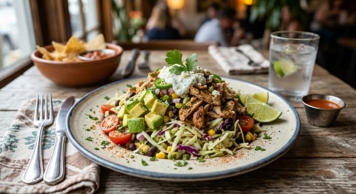 Mexican Low-Carb Breakfast Avocado Chicken Salad with Lime and Crispy Cabbage
