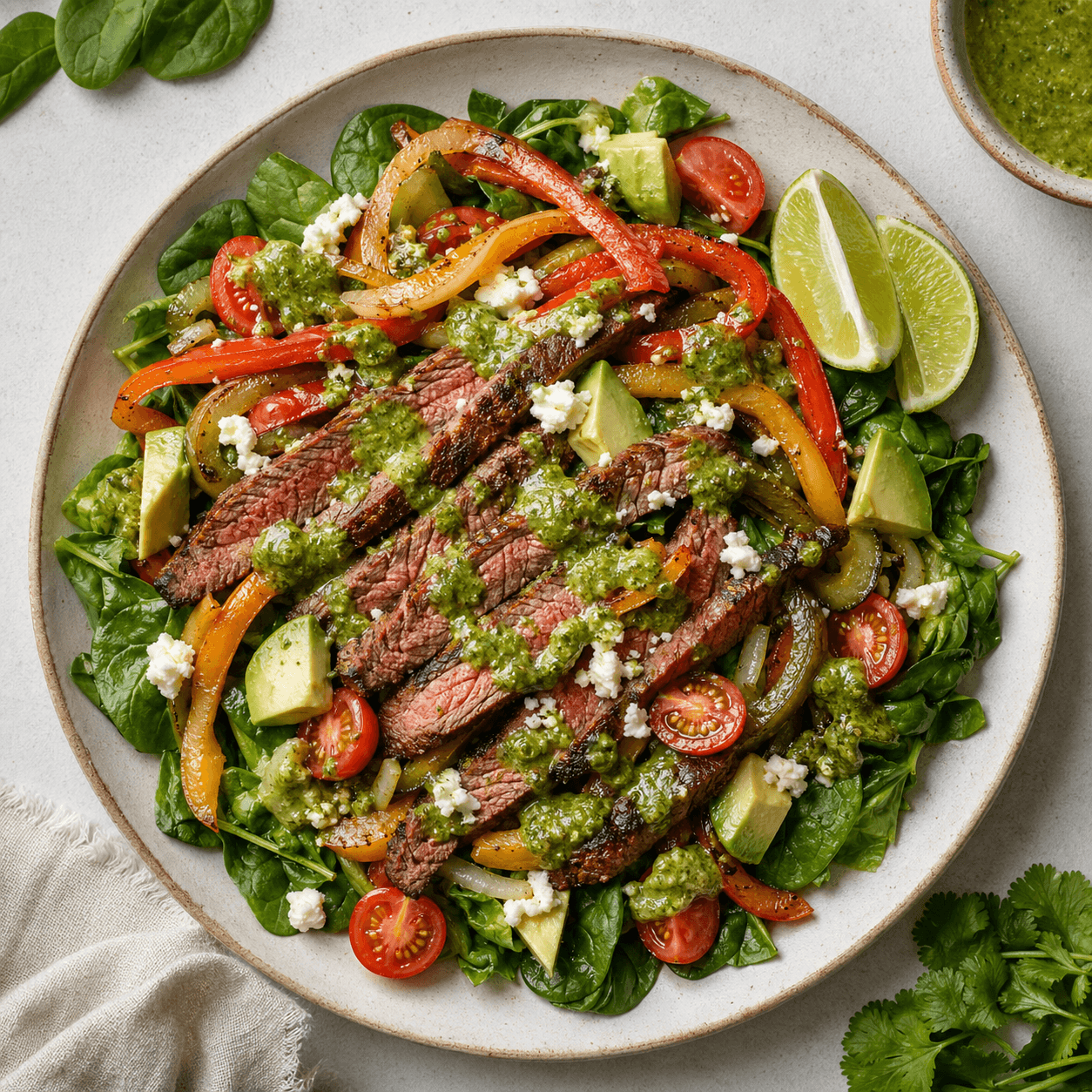 Mexican Steak Fajita Salad with Spinach Lime Dressing (Low-Carb)