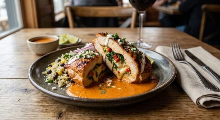 Mexican Stuffed Chicken Breast with Spinach and Roasted Pepper Sauce