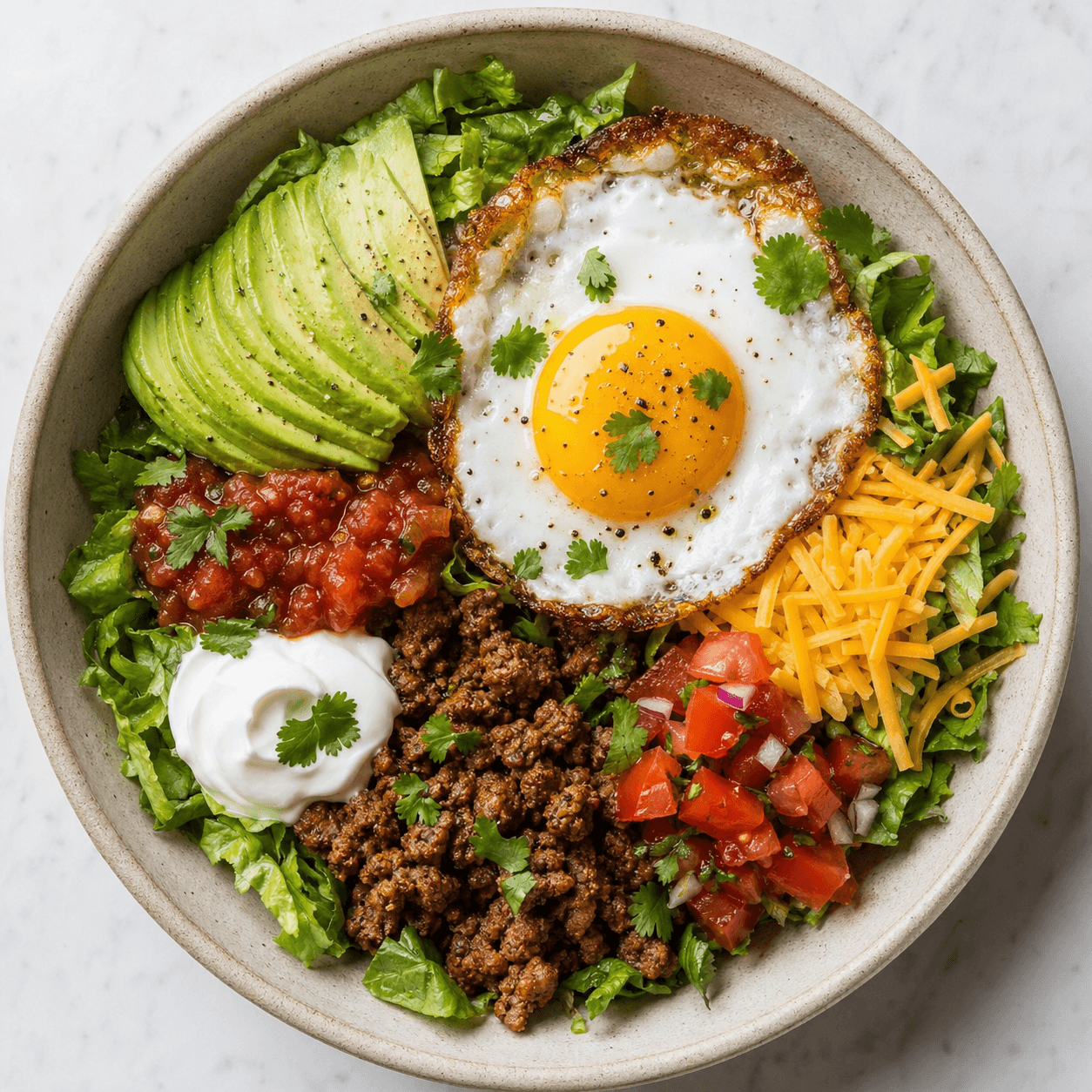 Mexican Taco Bowl with Crispy Egg (Low-Carb)
