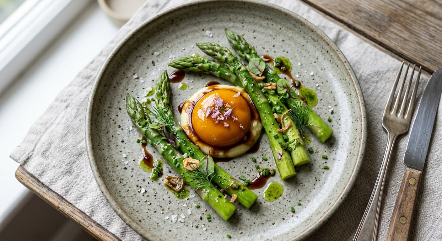 Miso-Glazed Egg Yolk Confit with Asparagus