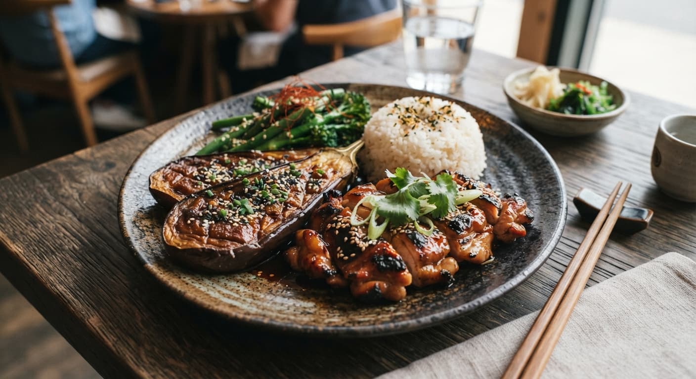 Miso-Glazed Eggplant with Chicken Teriyaki