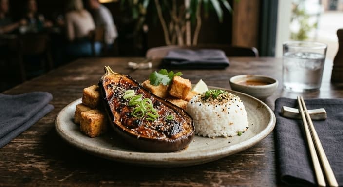 Miso-Glazed Eggplant with Crispy Tofu and Sesame Rice