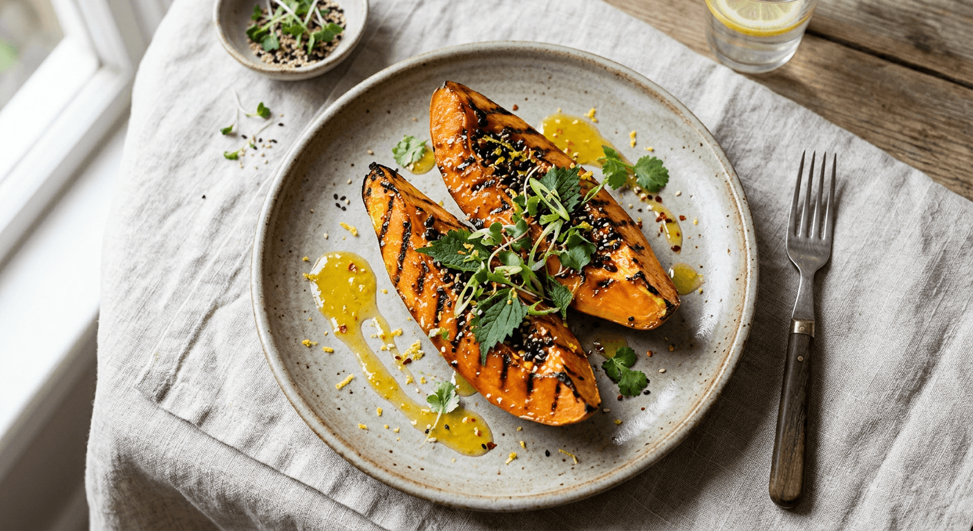 Miso Glazed Grilled Papaya With Yuzu Reduction