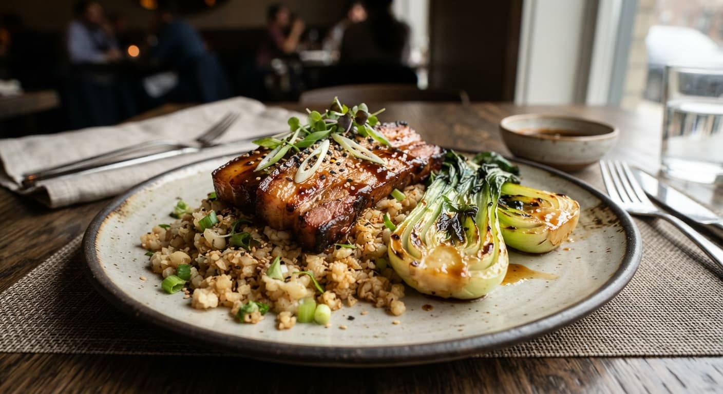 Miso-Glazed Pork Belly with Charred Bok Choy and Cauliflower Rice