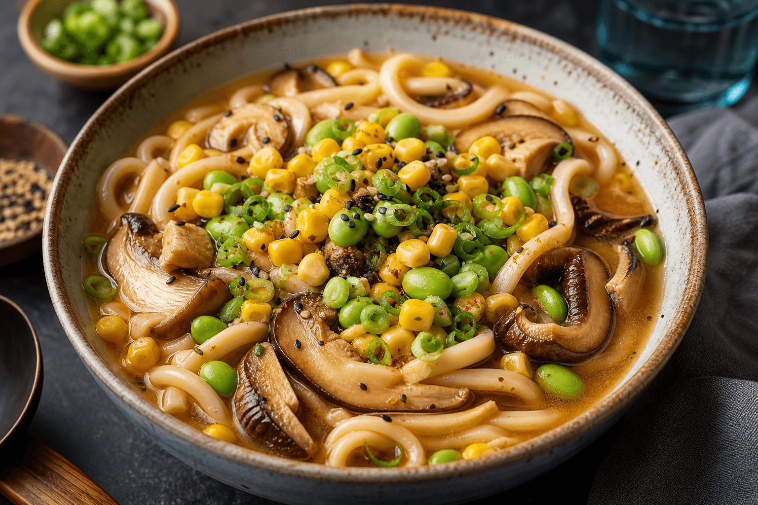 Miso Mushroom Udon with Corn & Edamame