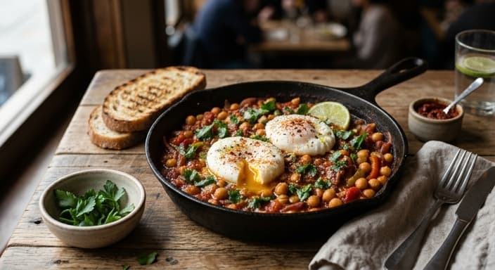 Moroccan Harissa Chickpea Skillet with Poached Eggs
