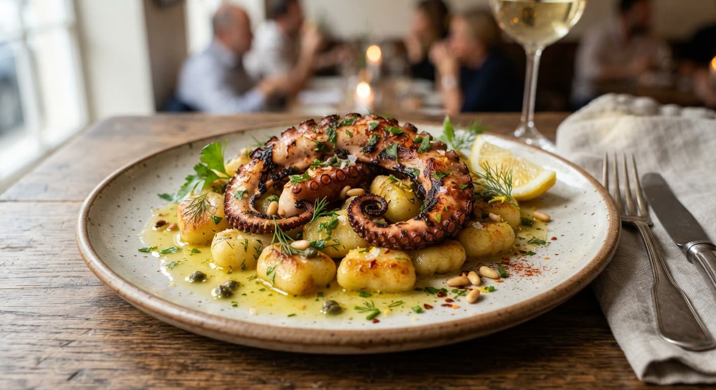 Octopus and Lemon Gnocchi with Olive Oil Emulsion