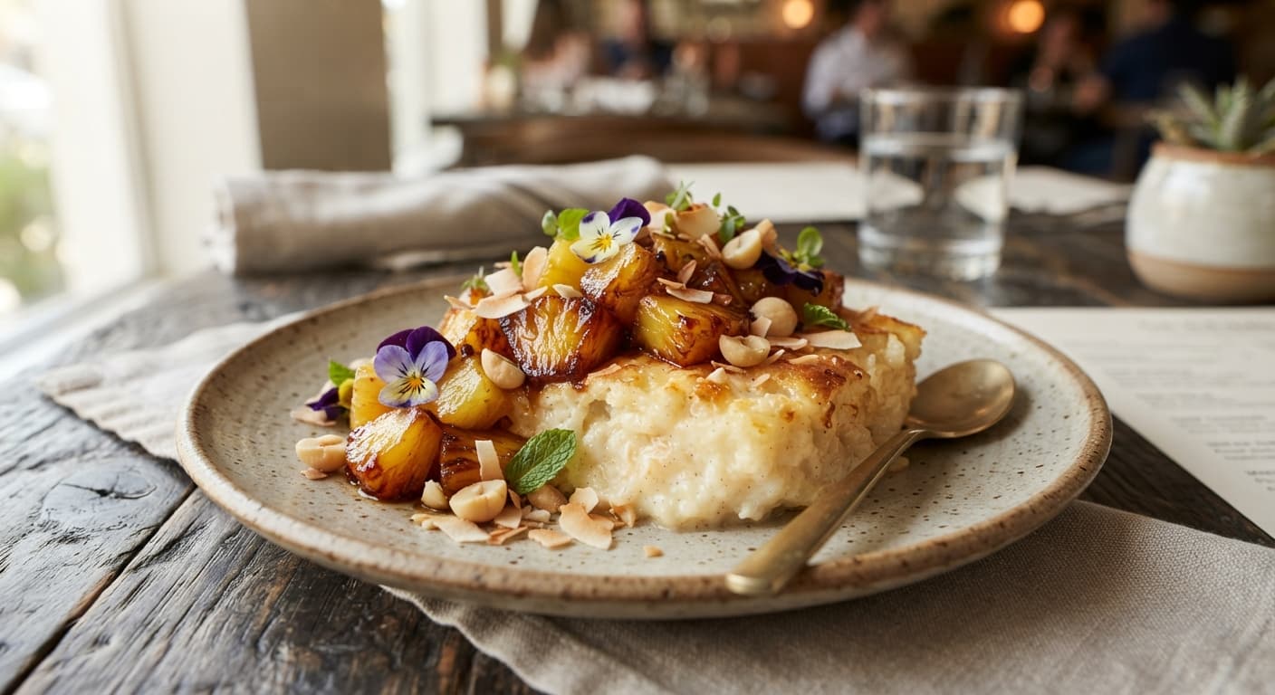 Overnight Baked Coconut Rice Breakfast Pudding with Caramelized Pineapple