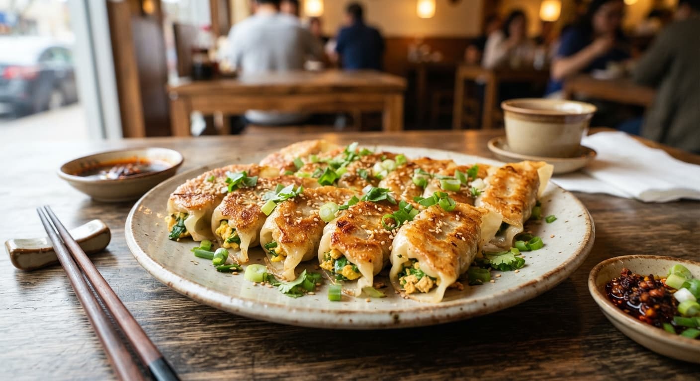 Pan-Fried Egg and Chive 'Jiaozi' with Tofu