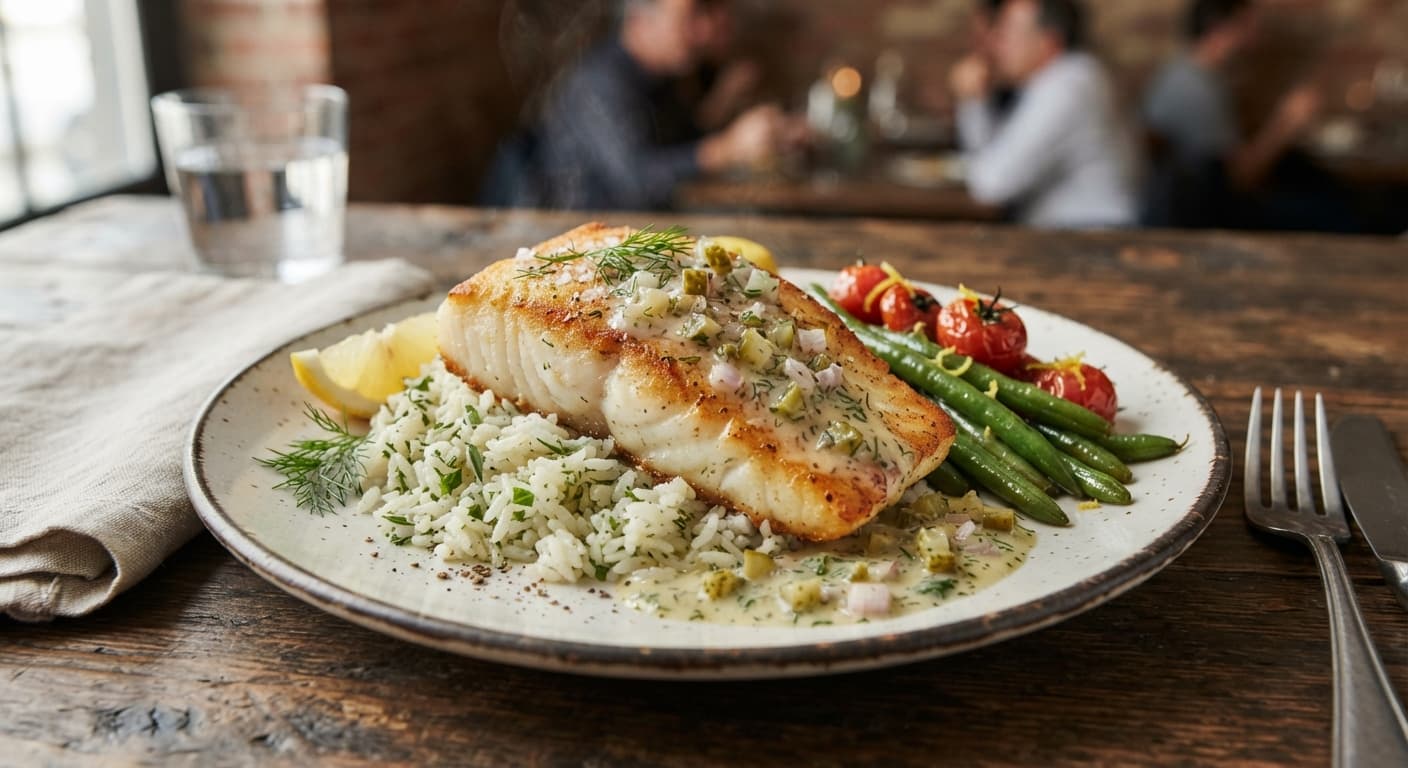 Pan-Seared Cod with Jasmine Rice and Pickle Butter Sauce
