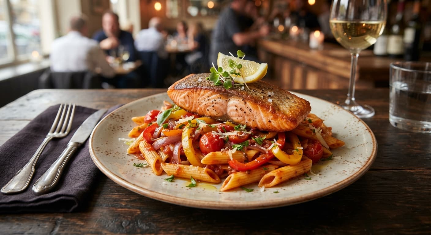 Pan-Seared Salmon with Peppers over Penne