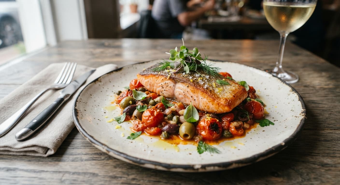 Pan-Seared Salmon with Tomato Olive Ragout