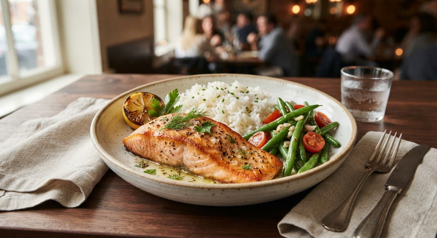Pan-Seared Salmon with White Rice and Green Beans