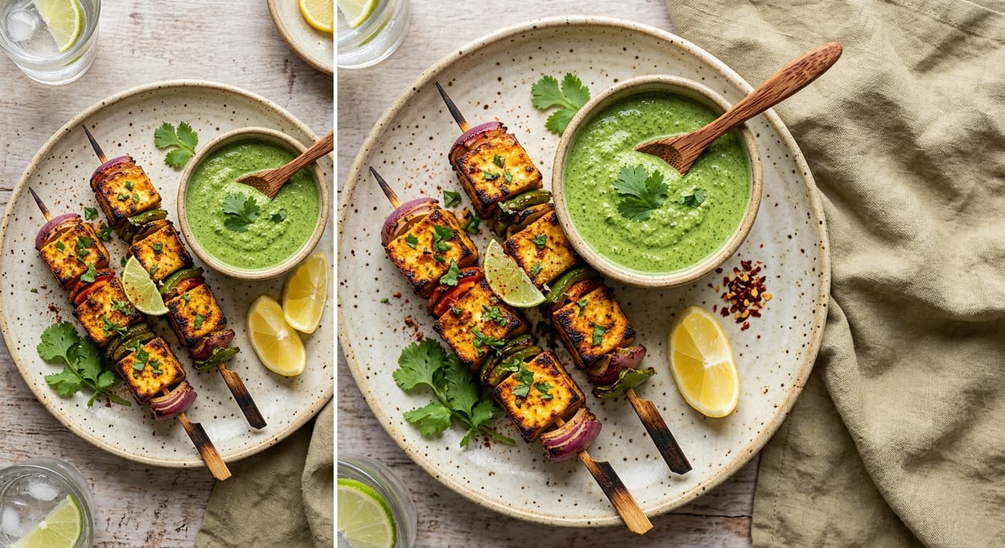 Paneer Tikka Skewers with Mint-Cilantro Chutney