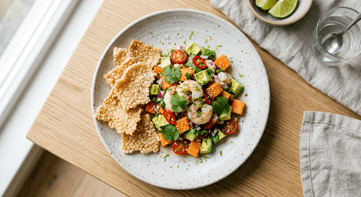 Papaya and Avocado Ceviche with Crispy Rice Crackers