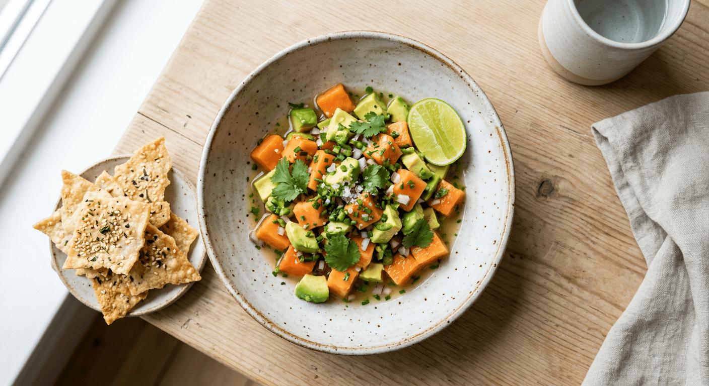 Papaya And Avocado Ceviche With Crispy Rice Crackers