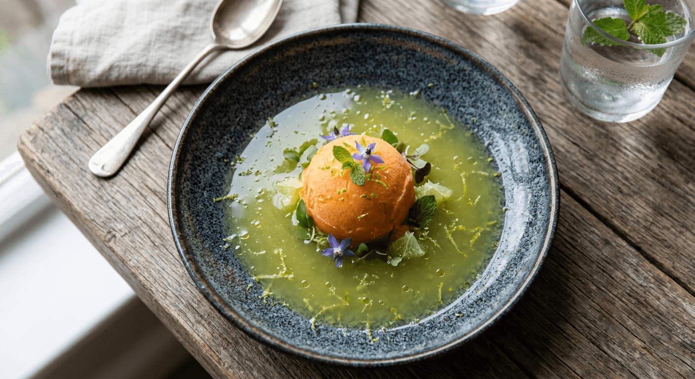 Papaya Sorbet With Ginger Lime Consommé