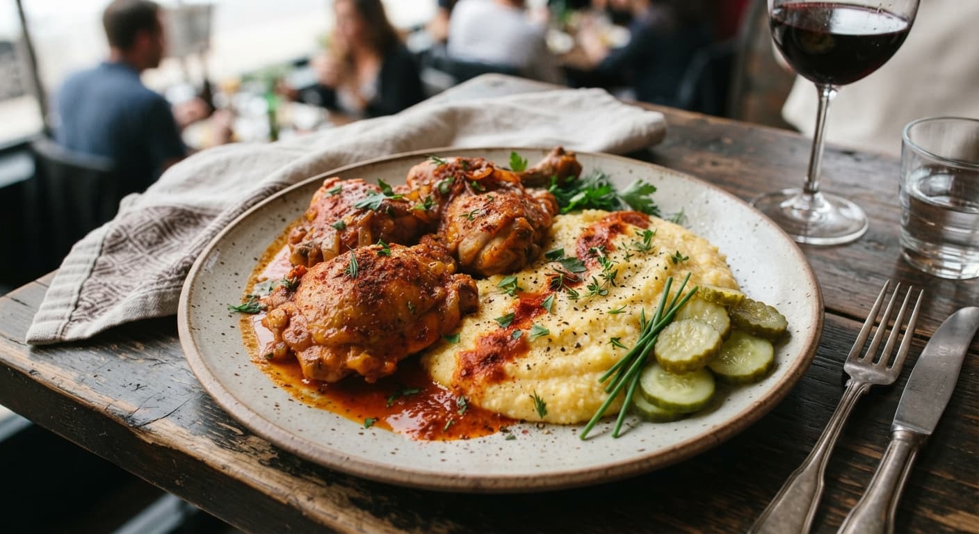 Paprika Chicken with Polenta and Pickles