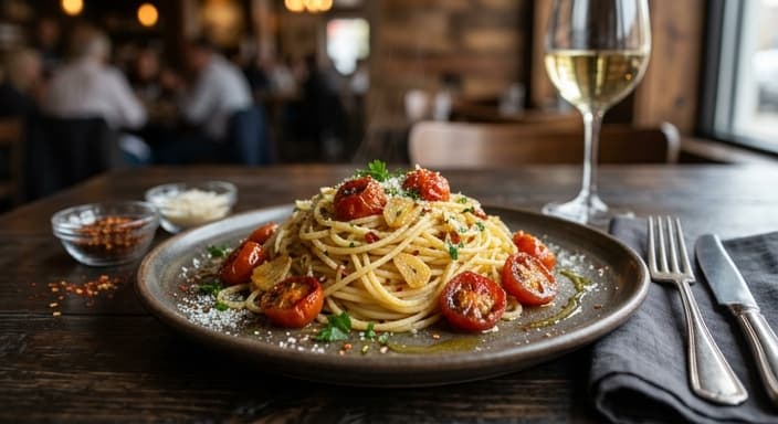 Pasta Aglio e Olio with Roasted Cherry Tomatoes