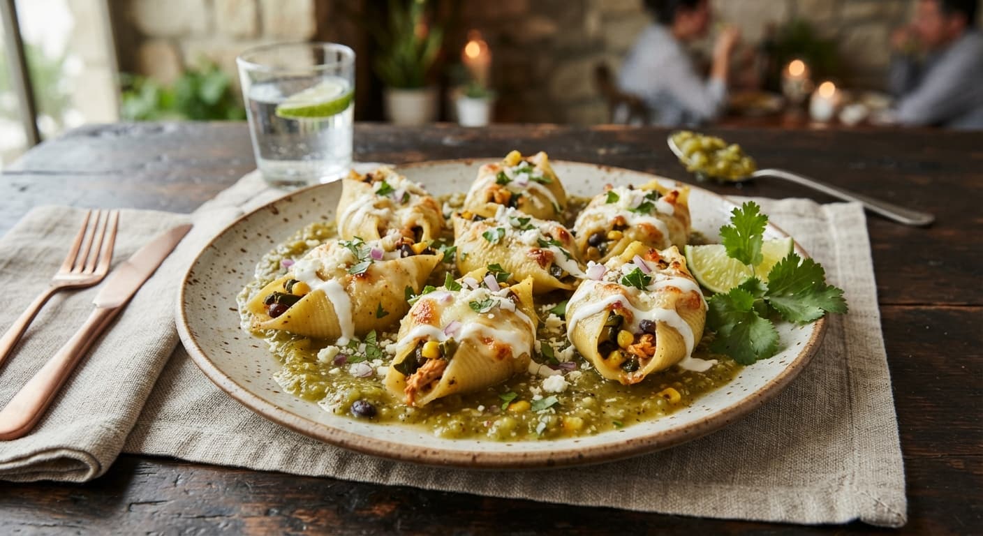 Poblano‑Stuffed Shells with Tomatillo Salsa